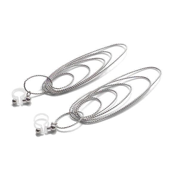 Dangle silver textured hoop invisible clip on earrings - Miyabi Grace