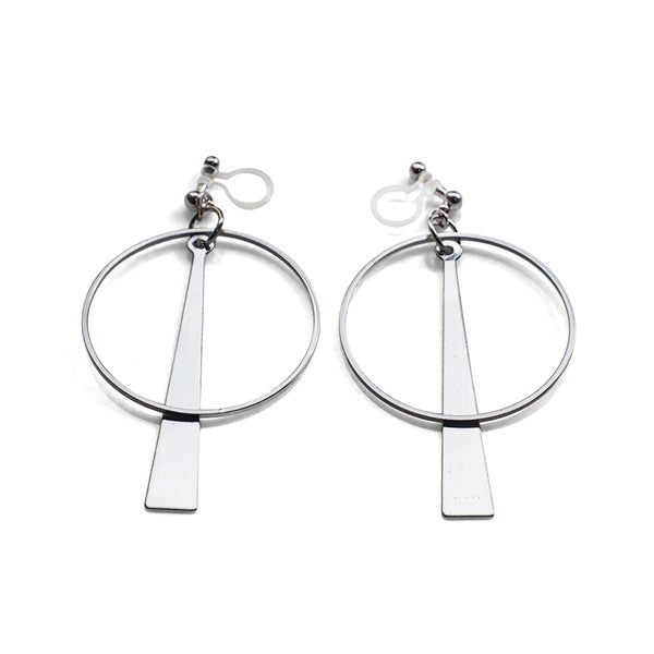 Geometric silver hoop invisible clip on earrings - Miyabi Grace