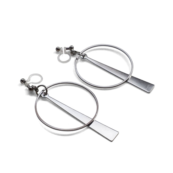 Geometric silver hoop invisible clip on earrings - Miyabi Grace