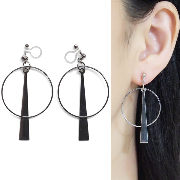 Geometric silver hoop invisible clip on earrings - Miyabi Grace