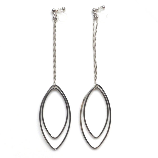 Dangle silver double oval hoop invisible clip on earrings - Miyabi Grace