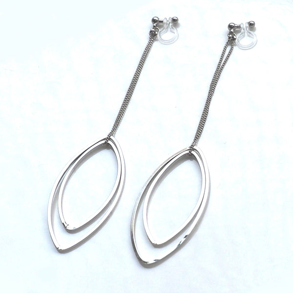 Dangle silver double oval hoop invisible clip on earrings - Miyabi Grace