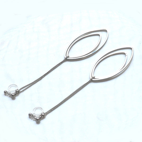 Dangle silver double oval hoop invisible clip on earrings - Miyabi Grace