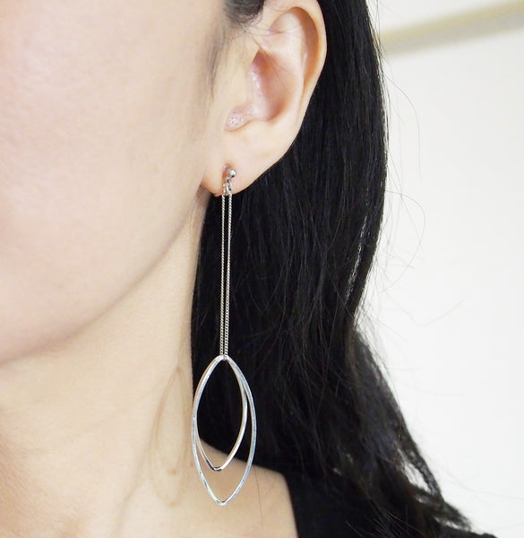 Dangle silver double oval hoop invisible clip on earrings - Miyabi Grace