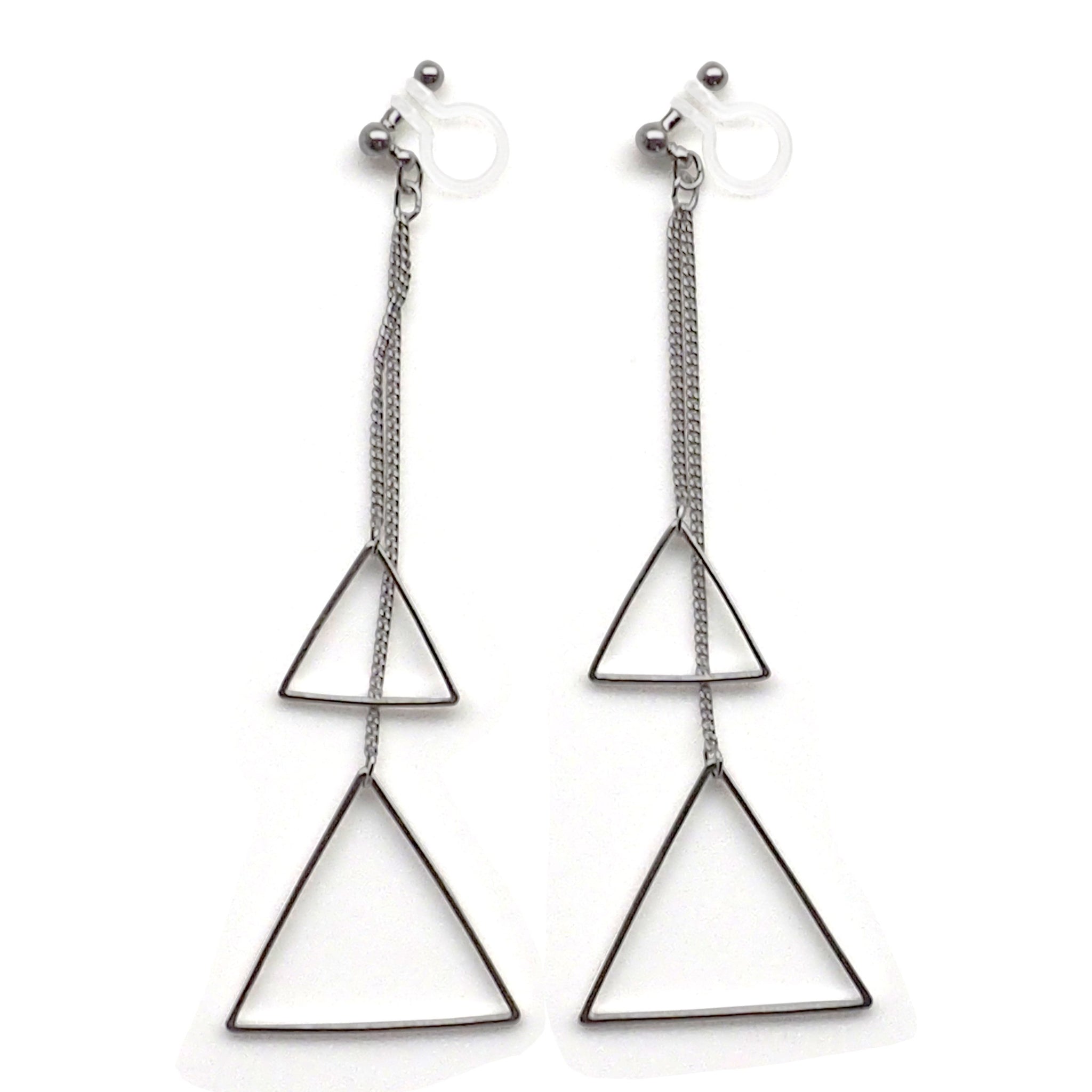 Dangle silver double triangle invisible clip on earrings - Miyabi Grace
