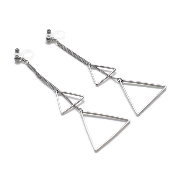 Dangle silver double triangle invisible clip on earrings - Miyabi Grace