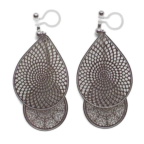 Dangle silver teardrop filigree invisible clip on earrings - Miyabi Grace