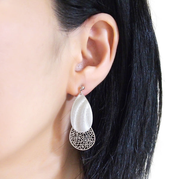 Textured  silver metal and teardrop filigree invisible clip on earrings - Miyabi Grace