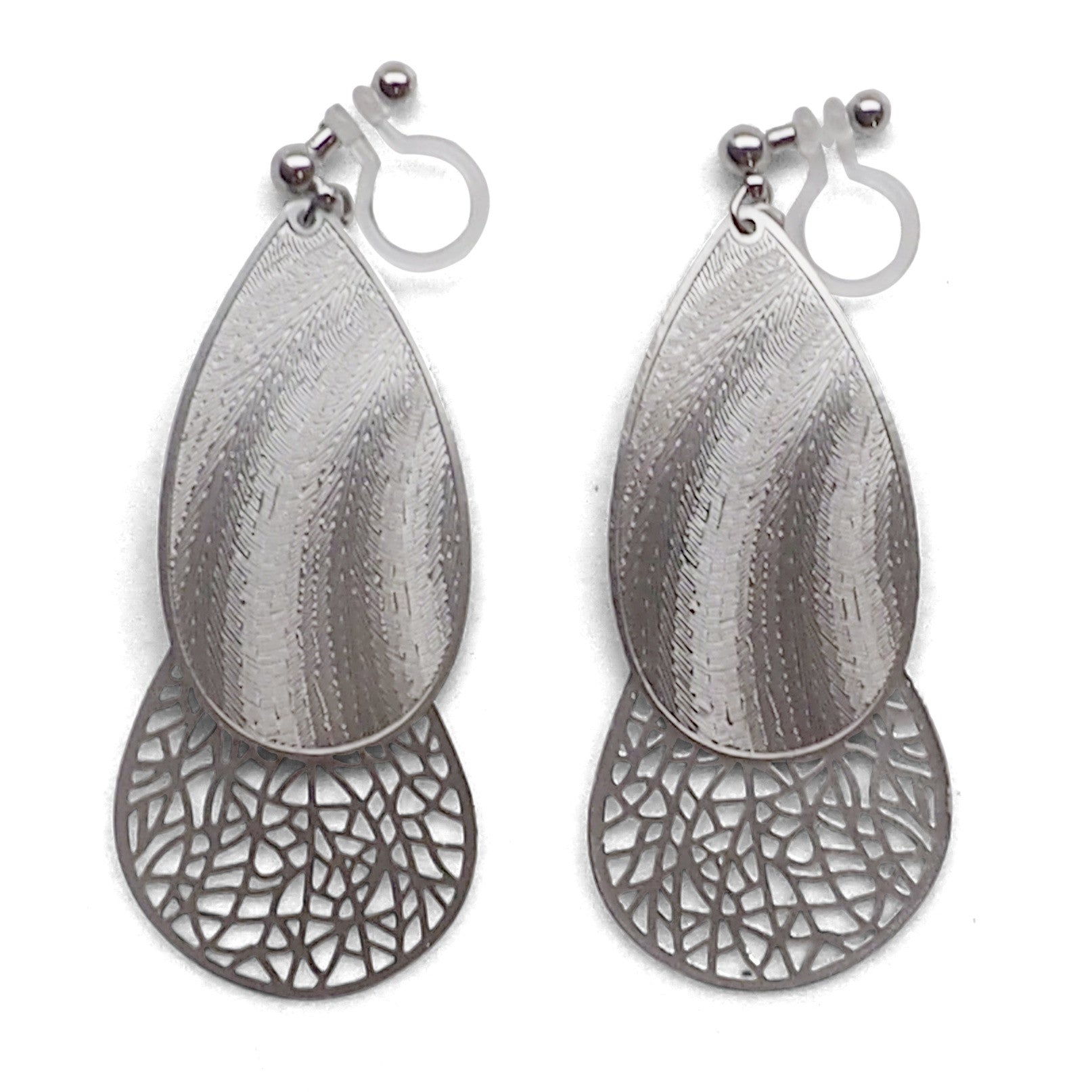 Textured  silver metal and teardrop filigree invisible clip on earrings - Miyabi Grace