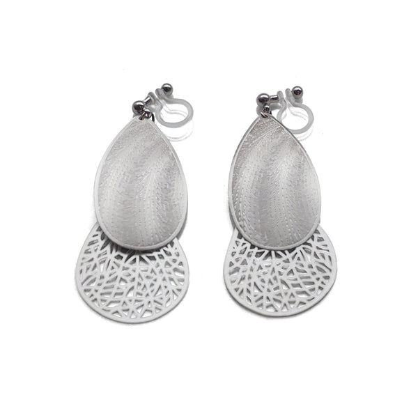 Textured  silver metal and teardrop filigree invisible clip on earrings - Miyabi Grace