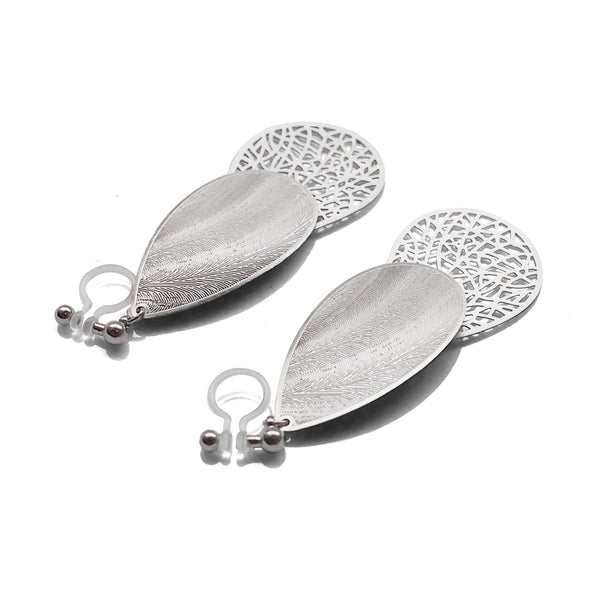 Textured  silver metal and teardrop filigree invisible clip on earrings - Miyabi Grace