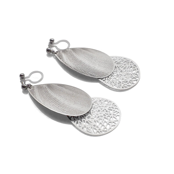 Textured  silver metal and teardrop filigree invisible clip on earrings - Miyabi Grace