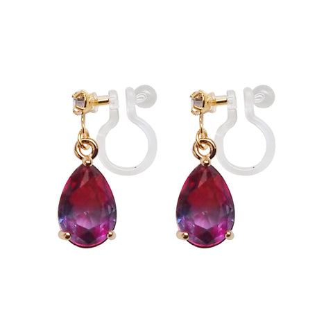 Pink & Navy Blue Teardrop Crystal Invisible Clip On Earrings - Miyabi Grace