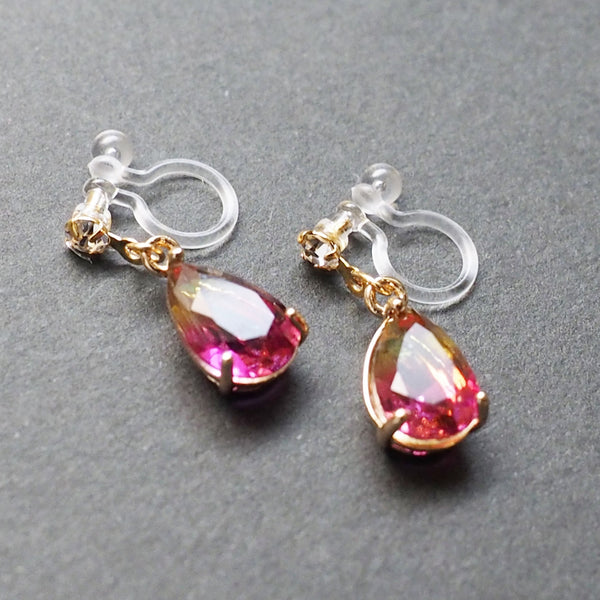 Yellow & Pink Teardrop Crystal Invisible Clip On Earrings - Miyabi Grace
