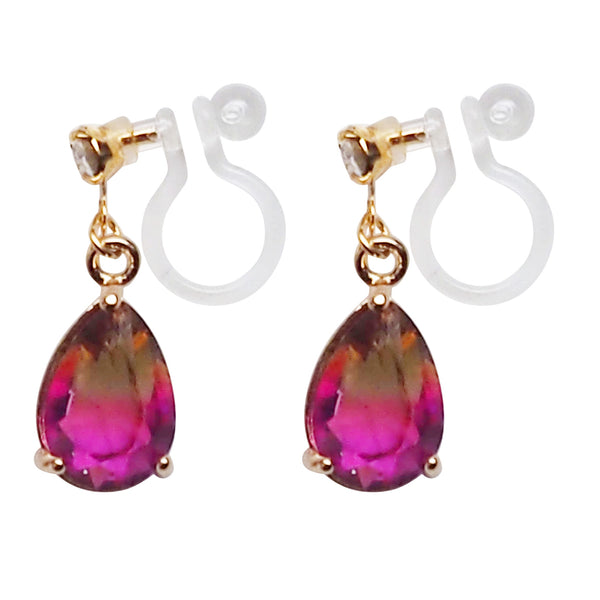 Yellow & Pink Teardrop Crystal Invisible Clip On Earrings - Miyabi Grace