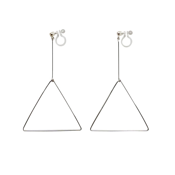 Dangle Silver Triangle Hoop Invisible Clip On Earrings - Miyabi Grace