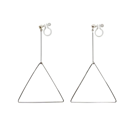 Dangle Silver Triangle Hoop Invisible Clip On Earrings - Miyabi Grace