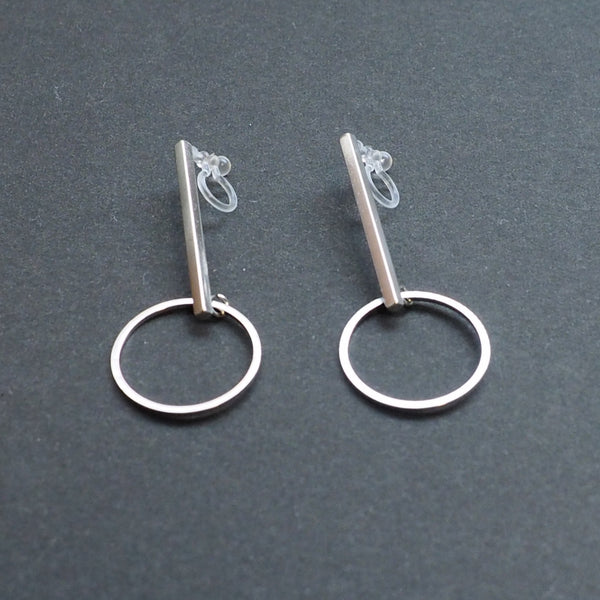 Silver Bar and Circle Invisible Clip On Stud Earrings - Miyabi Grace