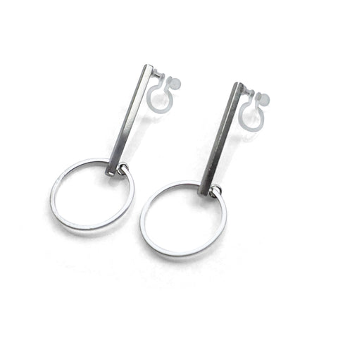 Silver Bar and Circle Invisible Clip On Stud Earrings - Miyabi Grace