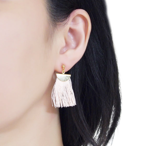 Peachy orange flat tassel invisible clip on earrings - Miyabi Grace
