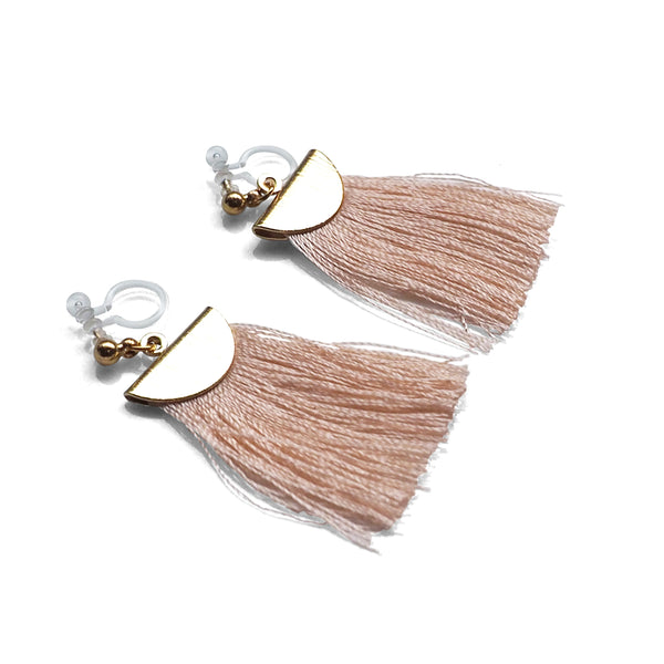 Peachy orange flat tassel invisible clip on earrings - Miyabi Grace