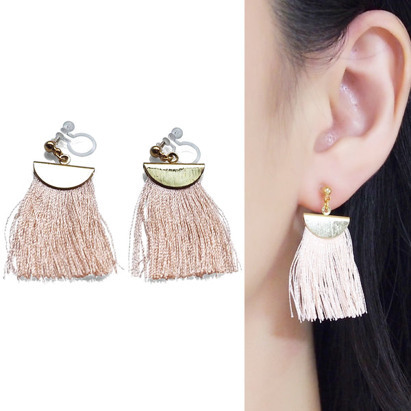 Peachy orange flat tassel invisible clip on earrings - Miyabi Grace