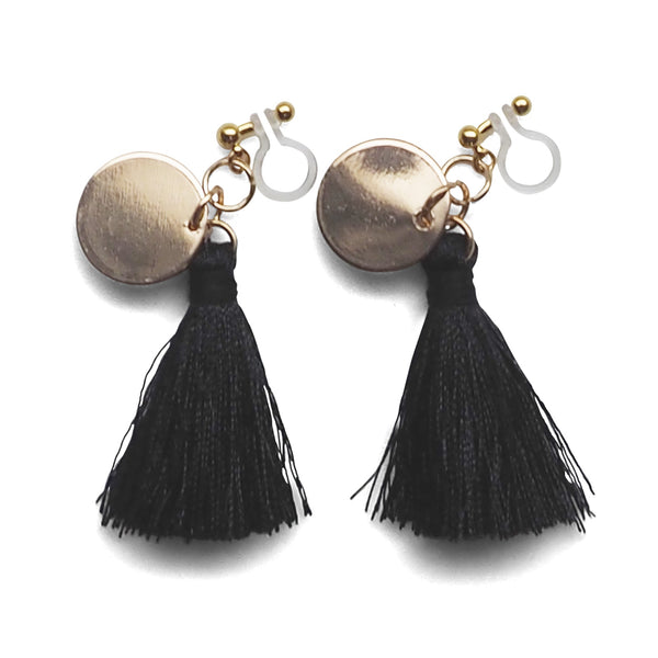 Black Tassel with Gold Coin Invisible Clip On Earrings - Miyabi Grace