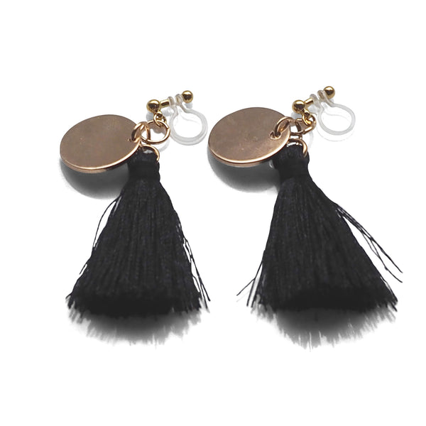 Black Tassel with Gold Coin Invisible Clip On Earrings - Miyabi Grace