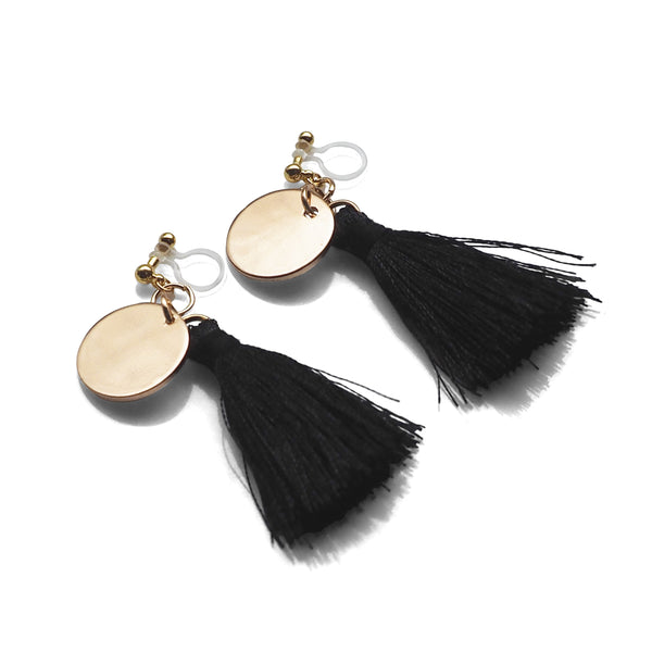 Black Tassel with Gold Coin Invisible Clip On Earrings - Miyabi Grace