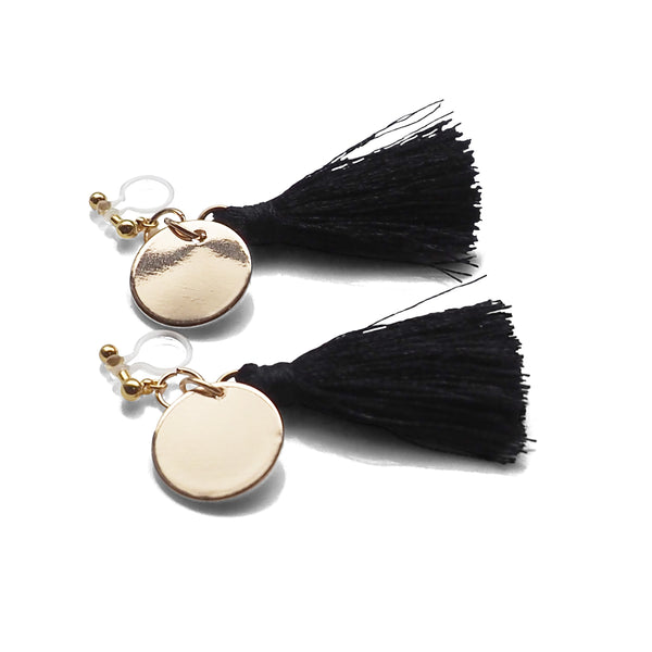 Black Tassel with Gold Coin Invisible Clip On Earrings - Miyabi Grace