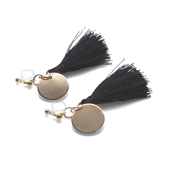 Black Tassel with Gold Coin Invisible Clip On Earrings - Miyabi Grace