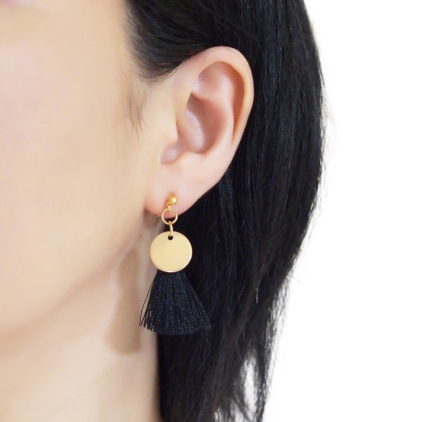Black Tassel with Gold Coin Invisible Clip On Earrings - Miyabi Grace