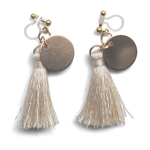 White Tassel with Gold Coin Invisible Clip On Earrings - Miyabi Grace