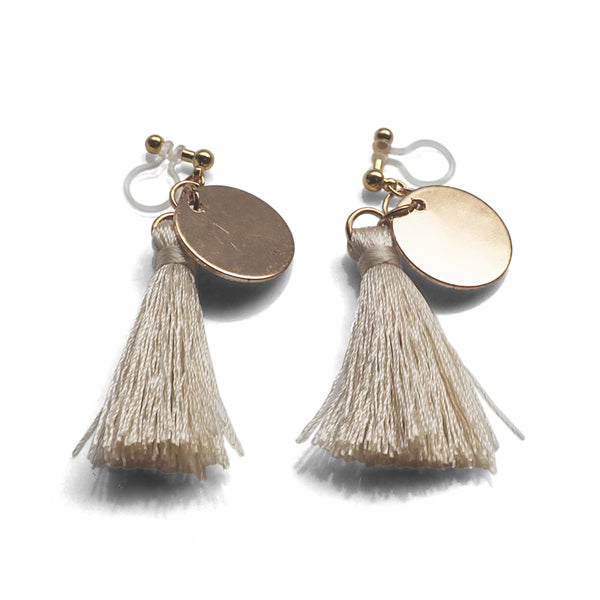 White Tassel with Gold Coin Invisible Clip On Earrings - Miyabi Grace