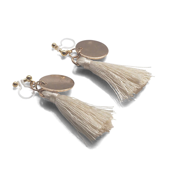 White Tassel with Gold Coin Invisible Clip On Earrings - Miyabi Grace