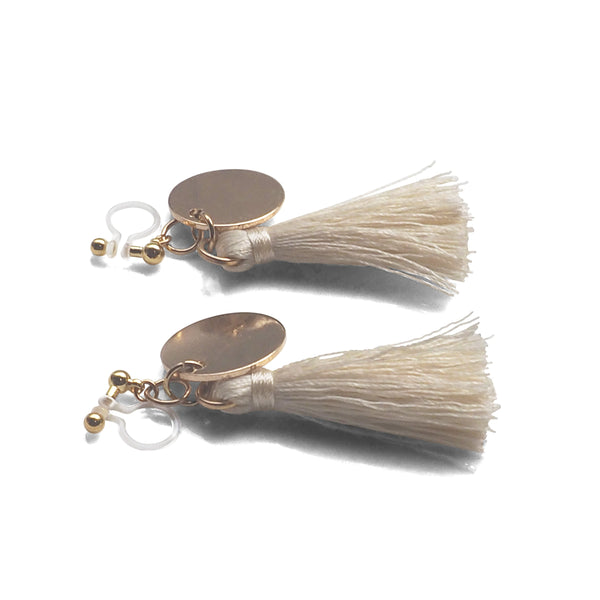 White Tassel with Gold Coin Invisible Clip On Earrings - Miyabi Grace