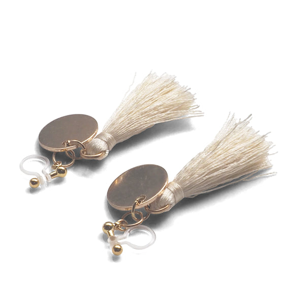 White Tassel with Gold Coin Invisible Clip On Earrings - Miyabi Grace