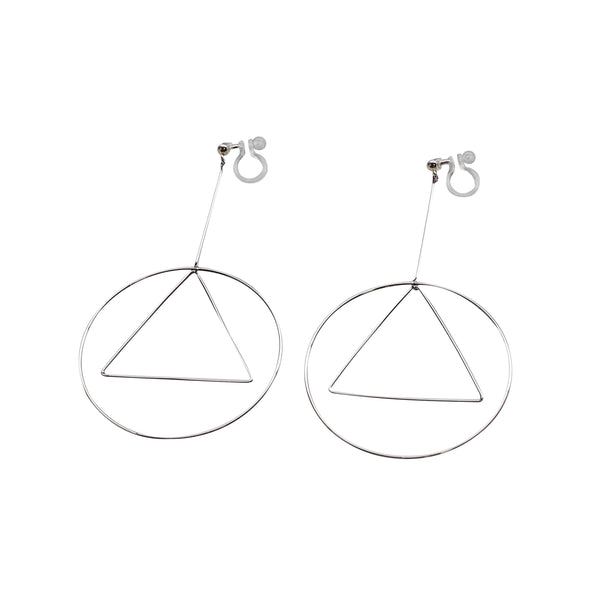 Dangle Silver Geometric Hoop Invisible Clip On Earrings - Miyabi Grace