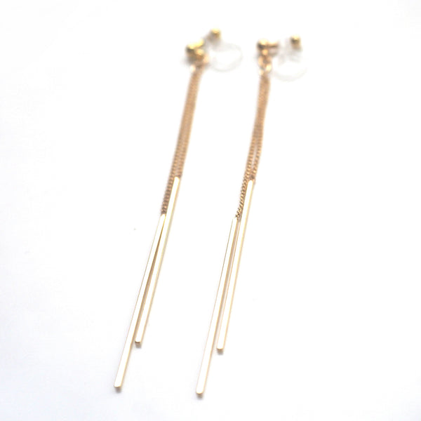 Long gold bar invisible clip on earrings - Miyabi Grace
