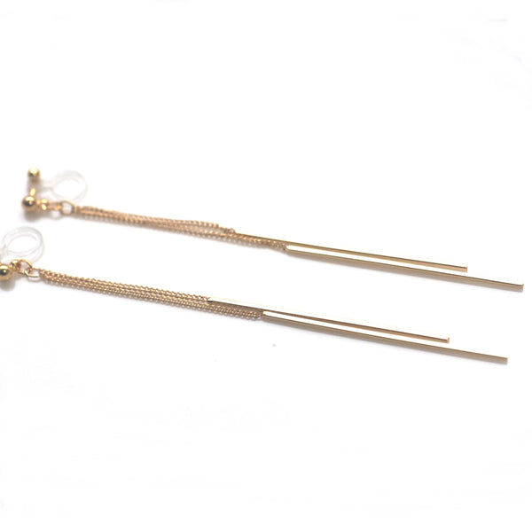 Long gold bar invisible clip on earrings - Miyabi Grace