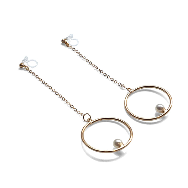 Dangle pearl on hoop invisible clip on earrings (gold tone) - Miyabi Grace