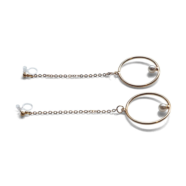 Dangle pearl on hoop invisible clip on earrings (gold tone) - Miyabi Grace