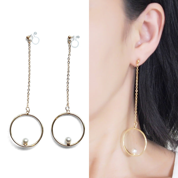 Dangle pearl on hoop invisible clip on earrings (gold tone) - Miyabi Grace