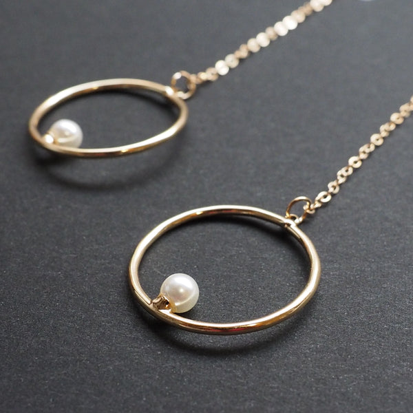 Dangle pearl on hoop invisible clip on earrings (gold tone) - Miyabi Grace