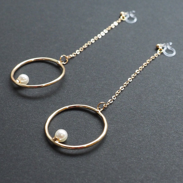 Dangle pearl on hoop invisible clip on earrings (gold tone) - Miyabi Grace