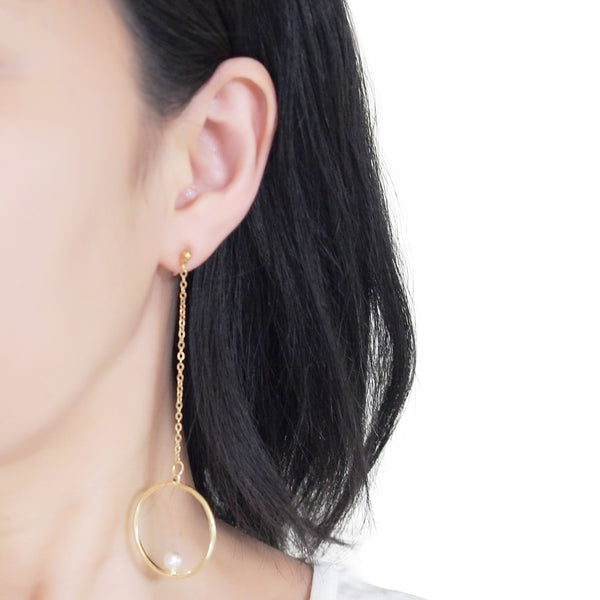Dangle pearl on hoop invisible clip on earrings (gold tone) - Miyabi Grace