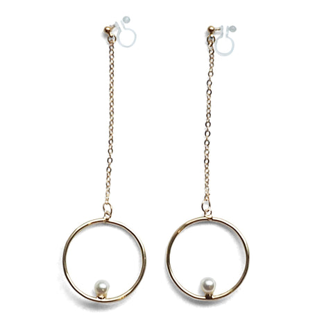 Dangle pearl on hoop invisible clip on earrings (gold tone) - Miyabi Grace