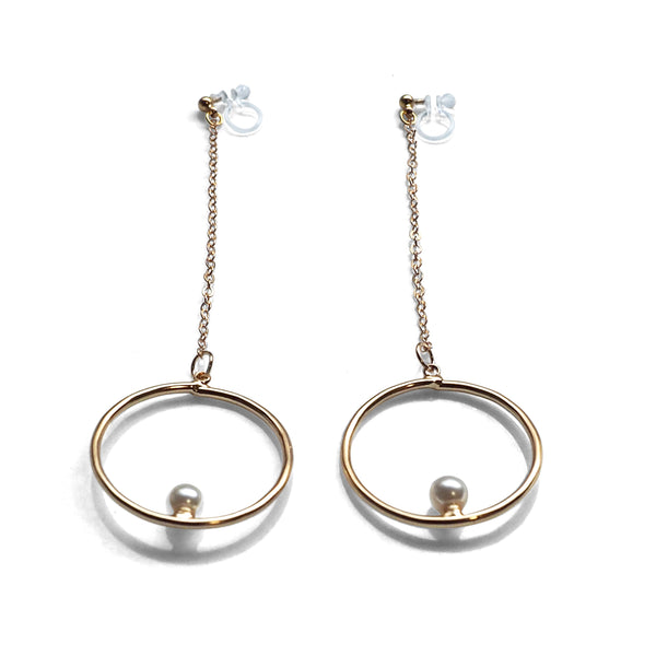 Dangle pearl on hoop invisible clip on earrings (gold tone) - Miyabi Grace