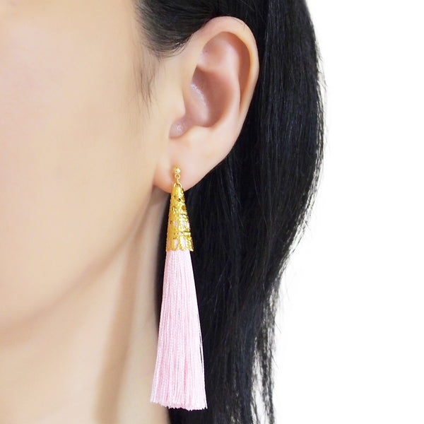 Long Pink Tassel Invisible Clip On Earrings - Miyabi Grace
