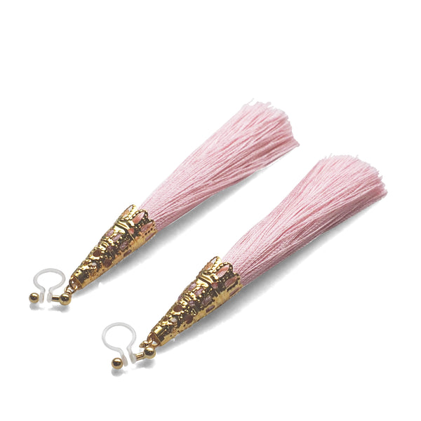 Long Pink Tassel Invisible Clip On Earrings - Miyabi Grace